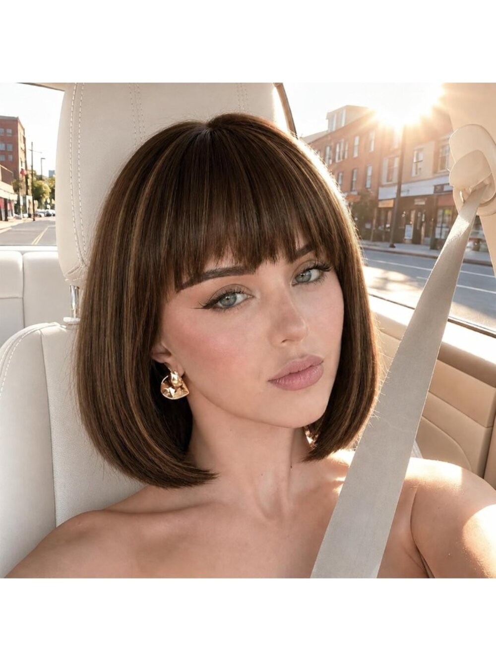 Stylish Brown Highlight Bob Wig with Bangs - Versatile & Trimmable for Women